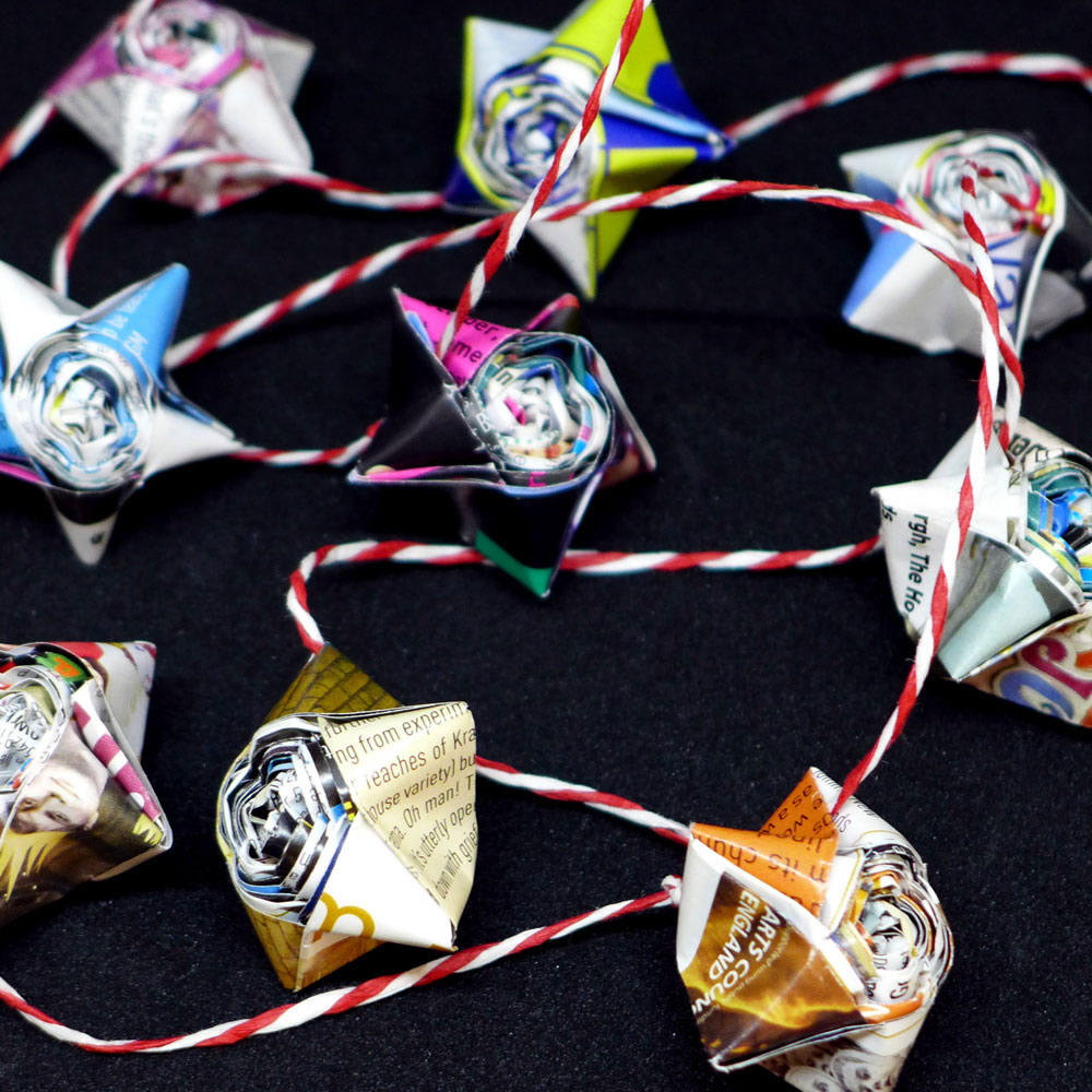 Woven magazine paper stars garland